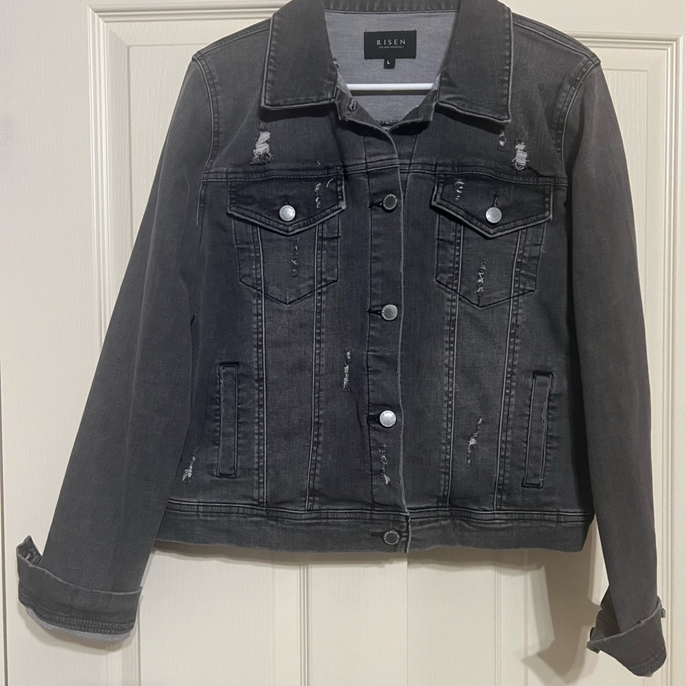 Risen Distressed Black Denim Jacket size Large
